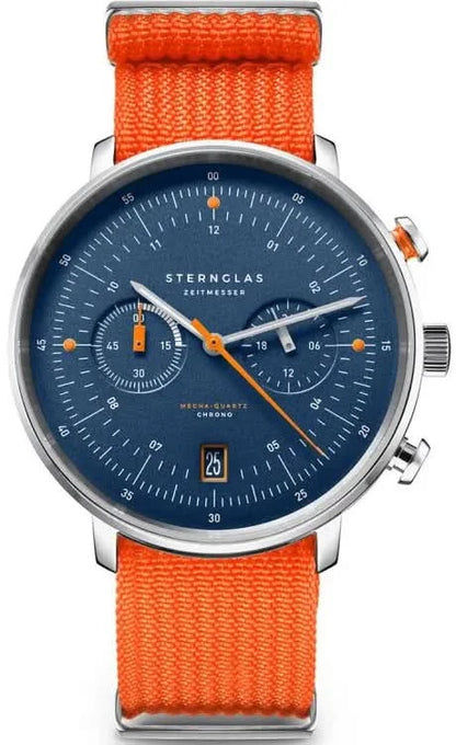 Herrklocka från Sternglas med blå urtavla, orange textilband och datumfönster