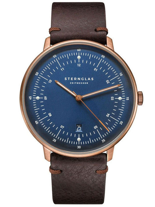 Herrklocka med blå urtavla, roséguldpläterad infattning och brunt läderarmband