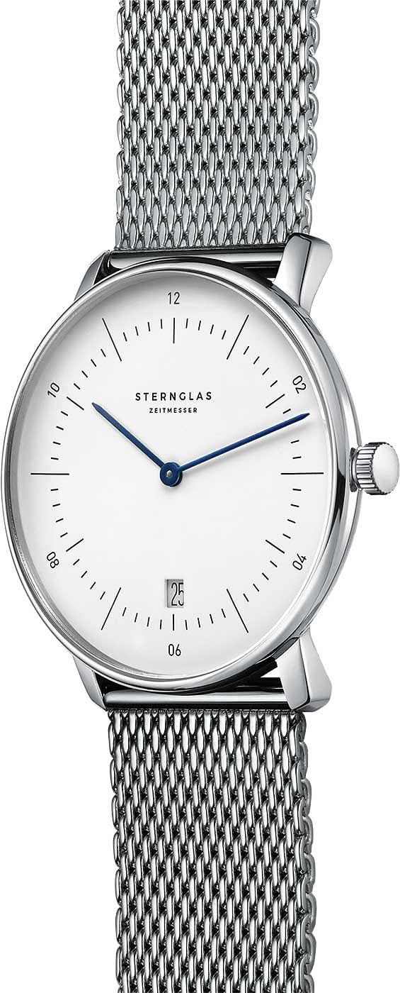 Sternglas Naos automatisk klocka, vit urtavla, blå visare, silverfärgat Milanese-band