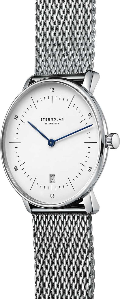 Sternglas Naos automatisk klocka, vit urtavla, blå visare, silverfärgat Milanese-band