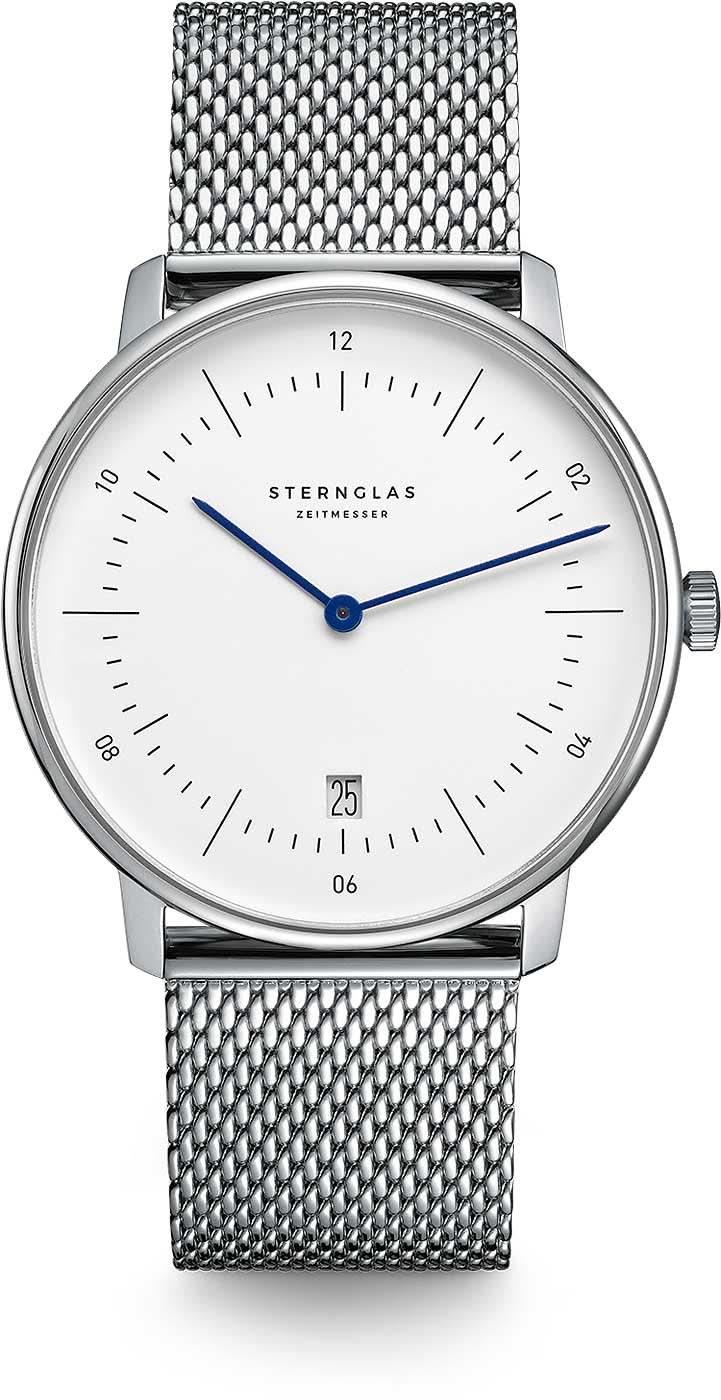 Sternglas Naos automatisk klocka, silverfärgat Milanese-armband, vit urtavla, blå visare