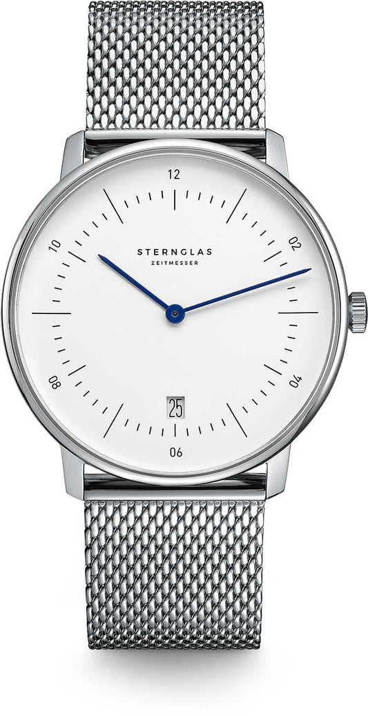 Sternglas Naos automatisk klocka, silverfärgat Milanese-armband, vit urtavla, blå visare