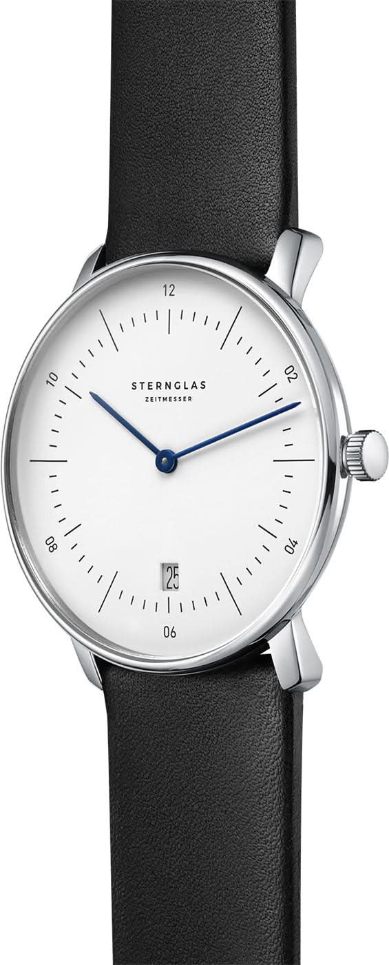 Sternglas Naos herrur: svart läderband, boett i rund design, krona på sidan