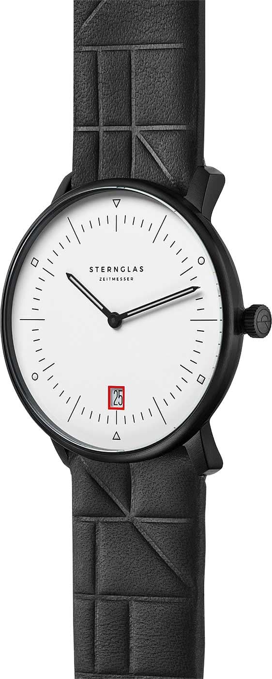 Herrklocka med svart läderarmband, vit urtavla och sidokedja