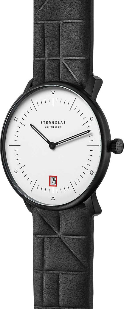 Herrklocka med svart läderarmband, vit urtavla och sidokedja