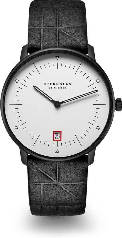 Herrklocka med svart läderarmband och vit urtavla, slimmad visardesign
