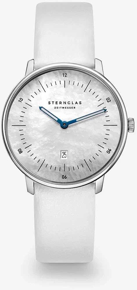 Sternglas Naos damklocka: vitt läderband, silverfärgat boett, blått datum, blåa visare