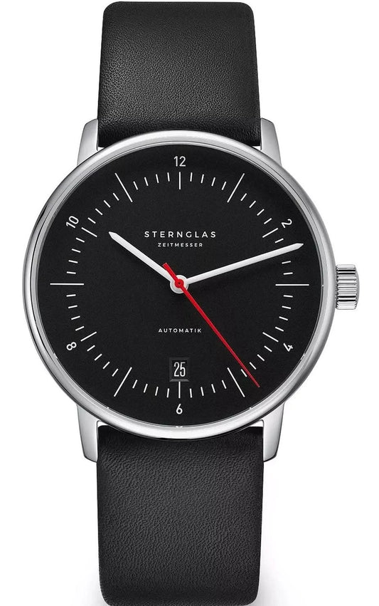 Unisex-klocka med automatisk urverk, svart läderarmband och svart urtavla, röda visare