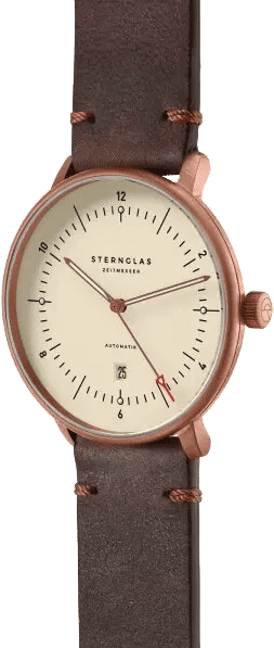 Herrklocka, framifrån, med brunt läderarmband, beige urtavla och roséguldpläterat hölje.