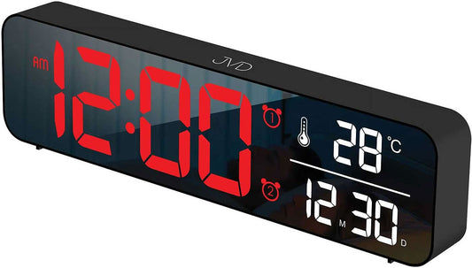 Digital väckarklocka i svart plast med röd LED-display för tid, temperatur och datum