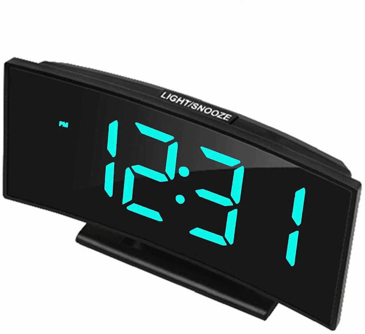 Digital väckarklocka: svart plastfodral, cyan LED-siffror, snooze