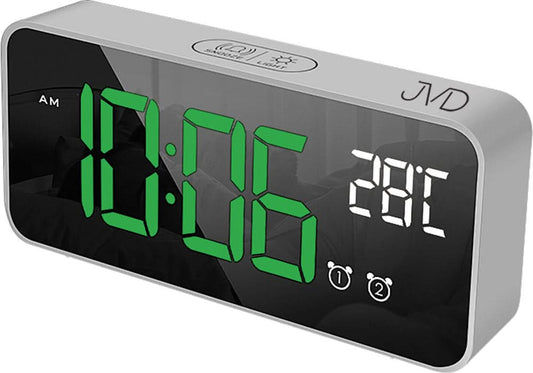 Kompakt digital väckarklocka i plast med grön tids- och vit temperaturdisplay