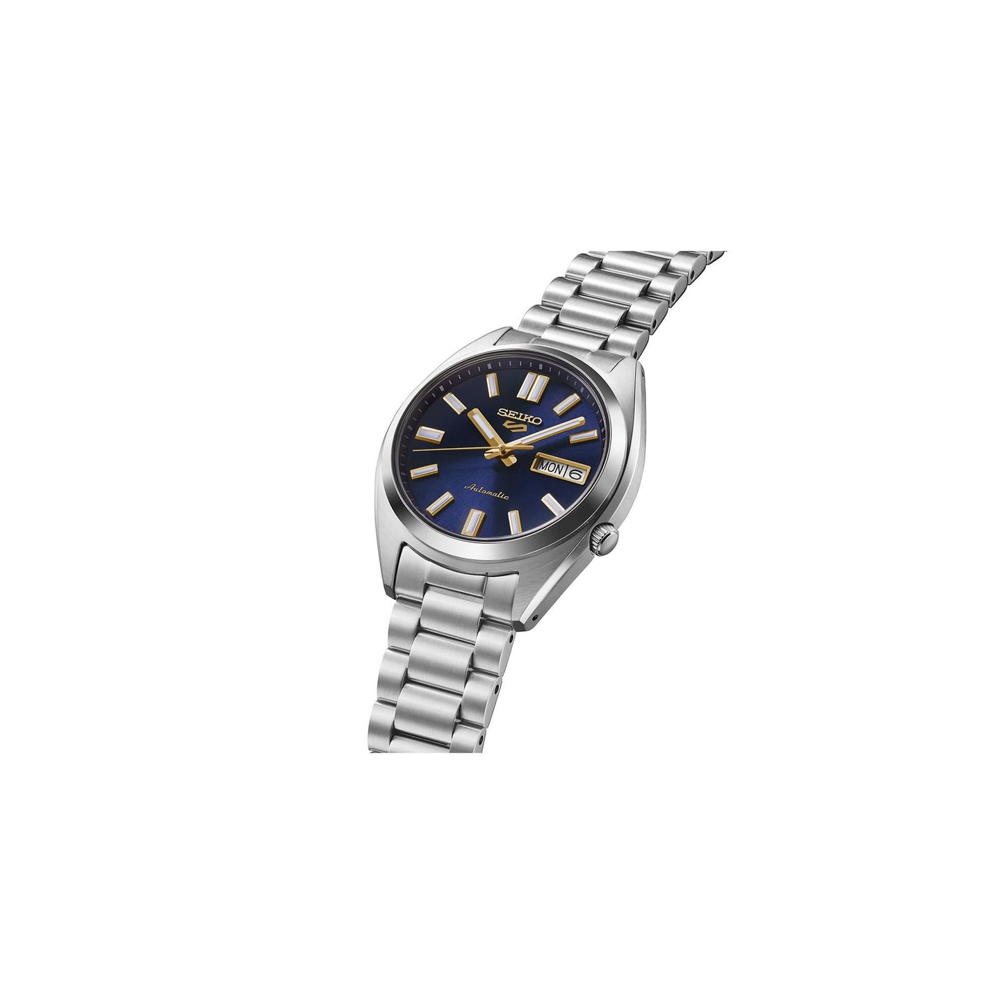 Seiko 5 Sports automatisk herrklocka, sidovy: blå urtavla, stållänk.