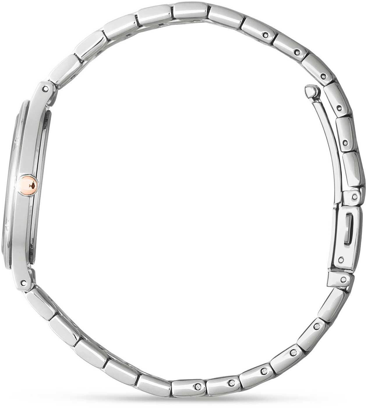 Damklocka från sidan: armband i silverfärgat rostfritt stål, krona i roséguld