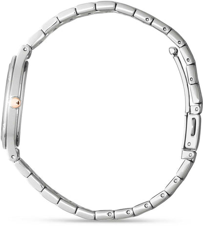 Damklocka från sidan: armband i silverfärgat rostfritt stål, krona i roséguld