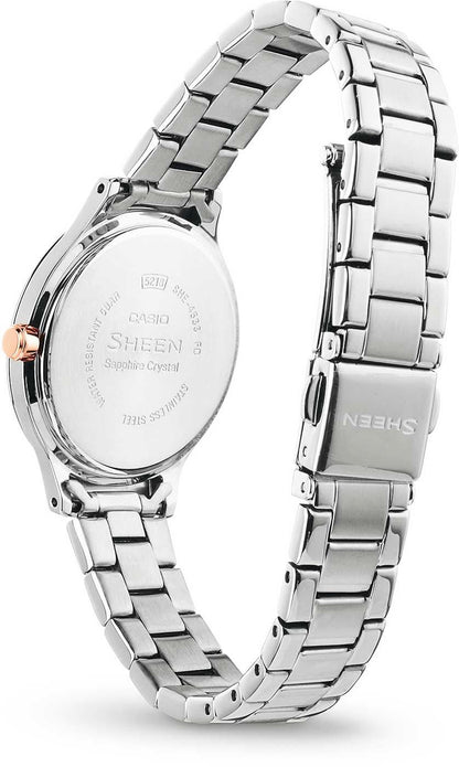 Casio SHEEN damklocka, bakvy: armband i silverfärgat rostfritt stål, graverad boettbaksida