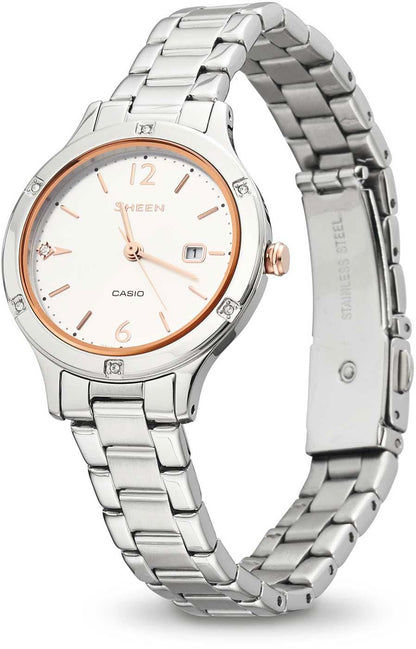 Casio SHEEN damklocka: silverfärgat rostfritt stålarmband, beige urtavla, roséguldfärgade detaljer