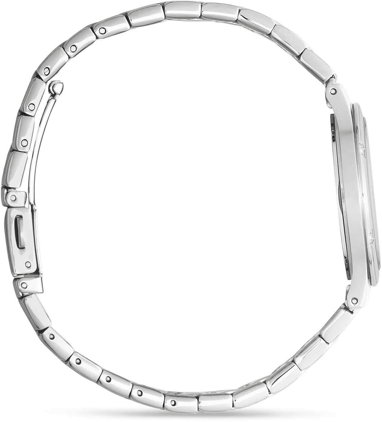 "Damklocka: silverfärgat armband i rostfritt stål, runt boett från sidan, utan urtavla"