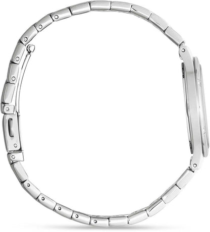 "Damklocka: silverfärgat armband i rostfritt stål, runt boett från sidan, utan urtavla"