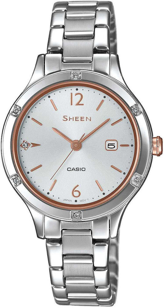 Casio SHEEN damklocka: armband i silverfärgat rostfritt stål, rund urtavla, roséfärgade visare