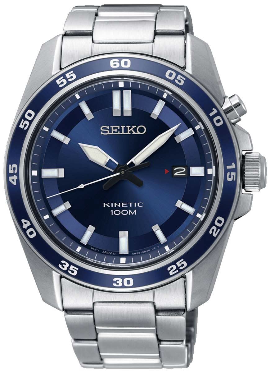 Seiko herrarmbandsur: silverfärgat armband i rostfritt stål, blå urtavla, datum vid kl. 2
