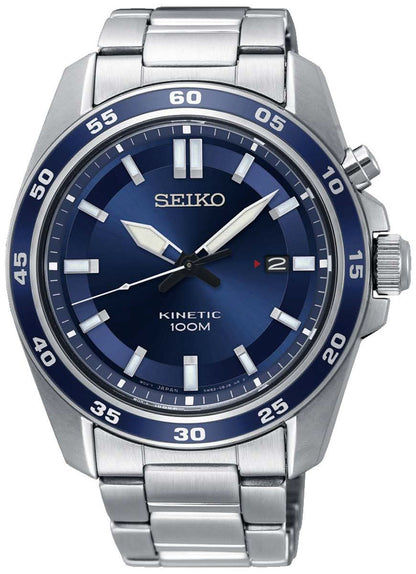 Seiko herrarmbandsur: silverfärgat armband i rostfritt stål, blå urtavla, datum vid kl. 2