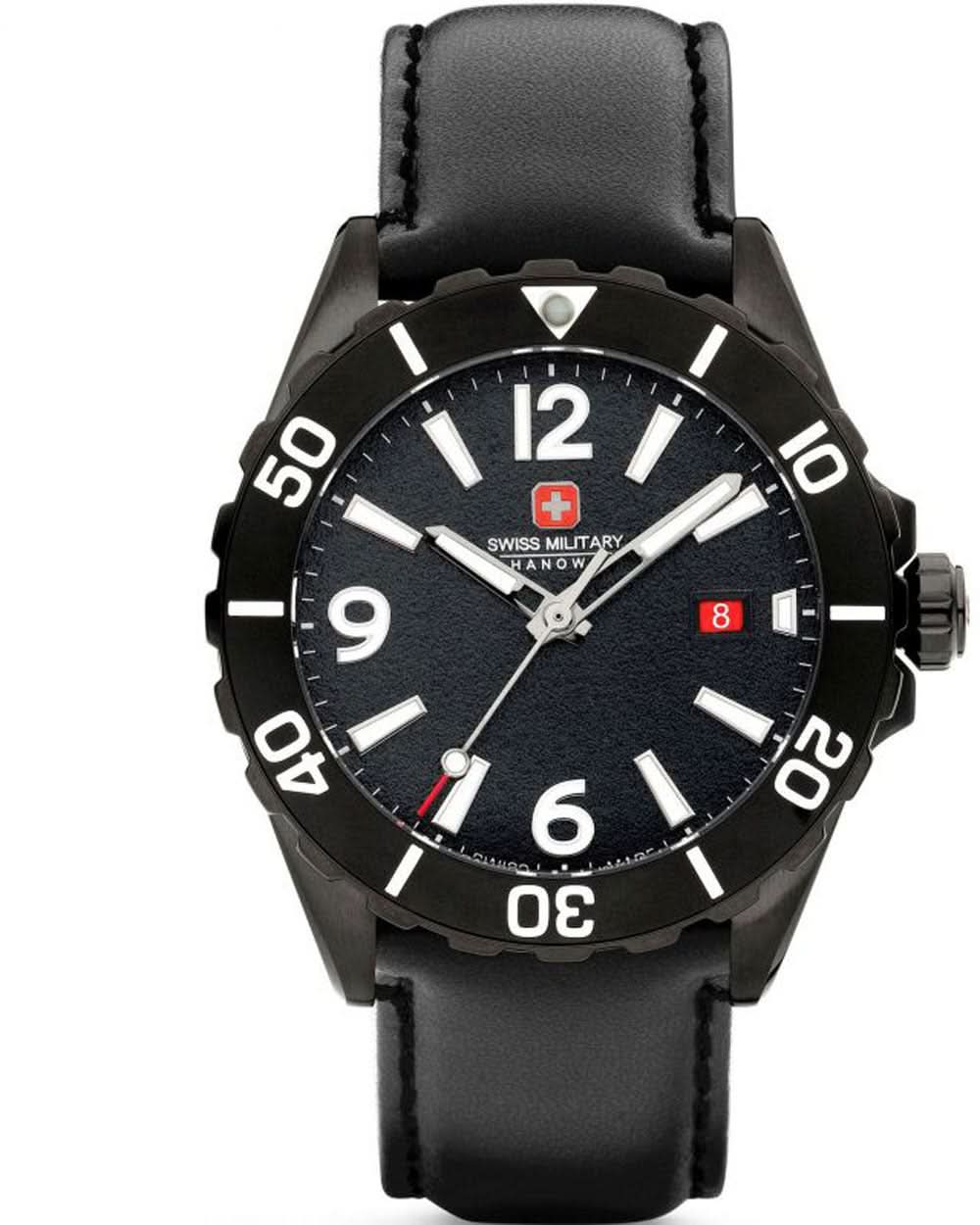 Herrklocka med svart läderarmband, svart urtavla och självlysande index, datumfönster