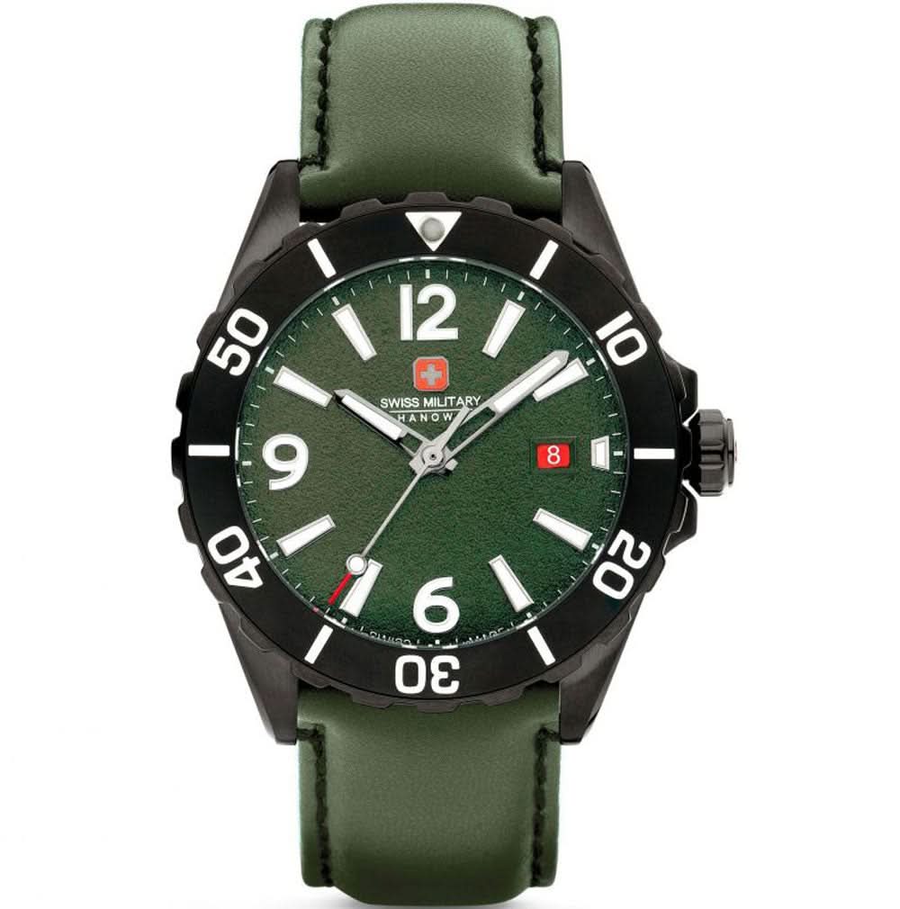 Herrklocka med grön urtavla, svart infattning och grönt läderarmband