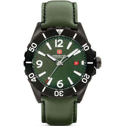 Herrklocka med grön urtavla, svart infattning och grönt läderarmband