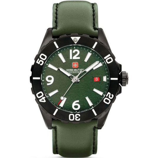 Herrklocka med grön urtavla, svart infattning och grönt läderarmband