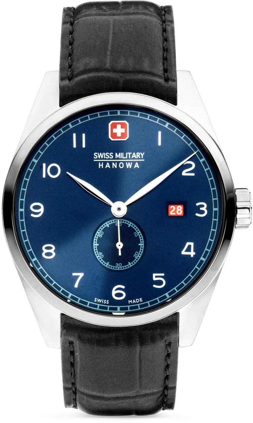Herrklocka med svart läderarmband, blå urtavla och silverfärgat hölje