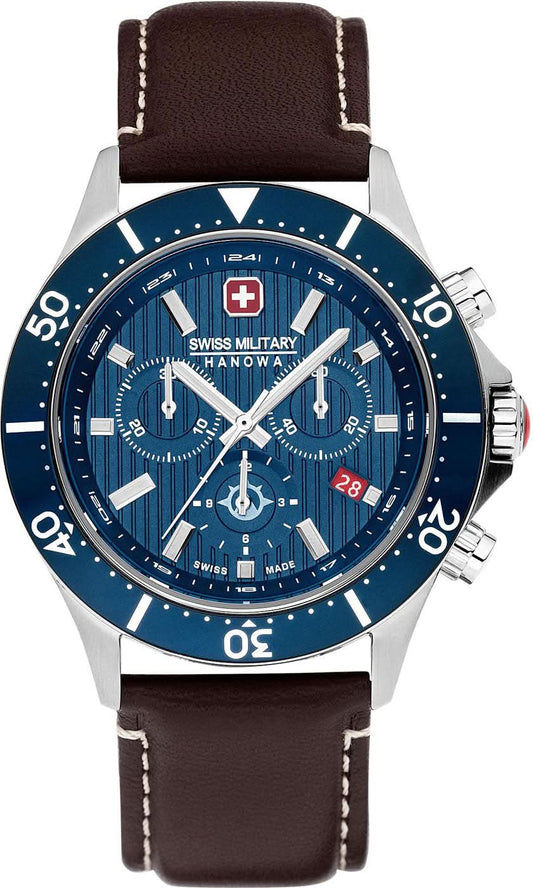 Herrarmbandsur med blå urtavla, brunt läderarmband och kronograf