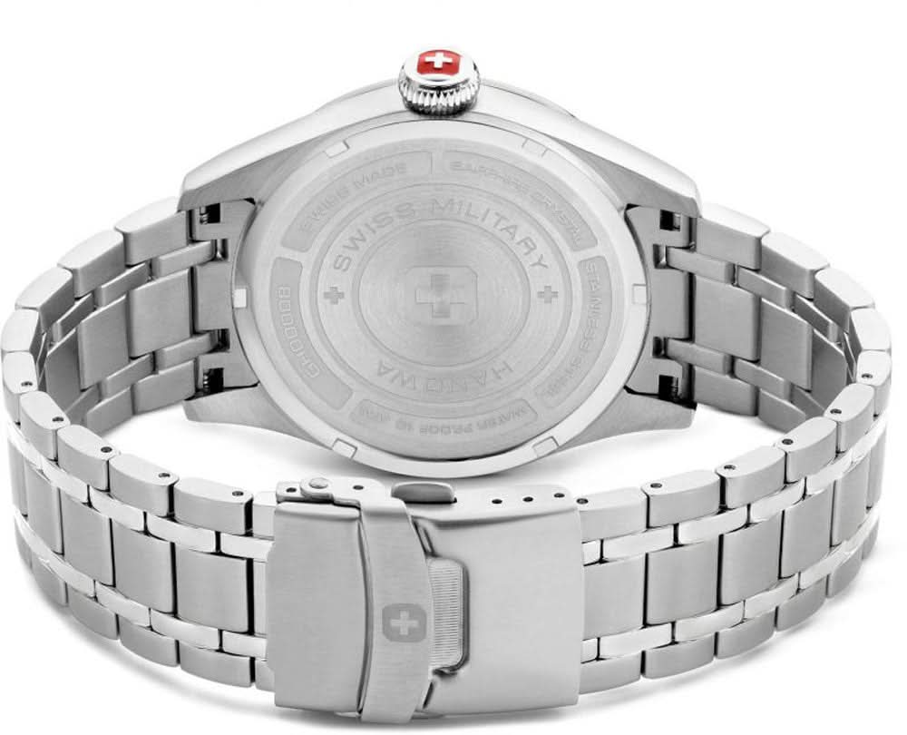 Herrklocka, bakvy med boettlock och schweizisk logotyp, metallarmband med viklås