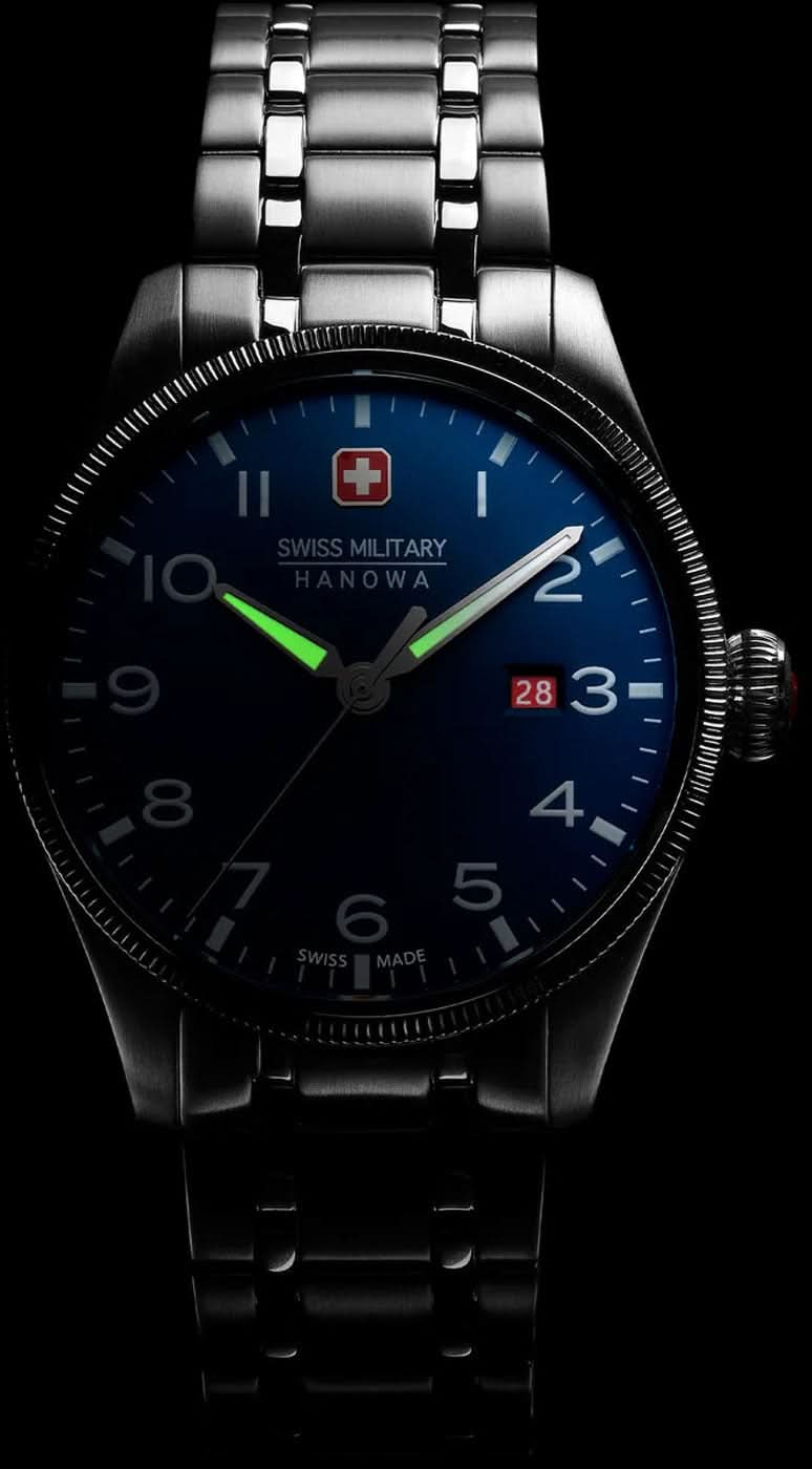 Herrarmbandsur: svart armband i rostfritt stål, blå urtavla, datumvisning 28/3