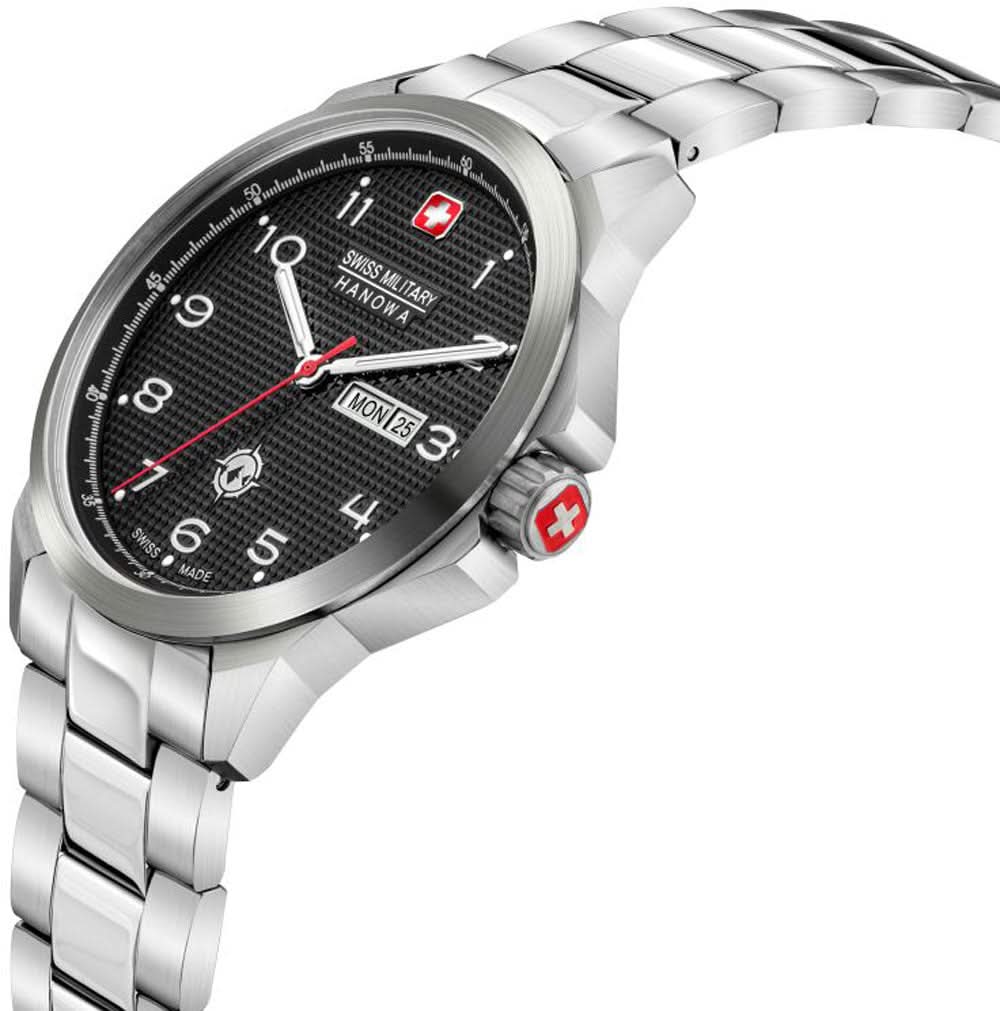 Herrarmbandsur med svart urtavla, silverfärgat stållänk och röd sekundvisare