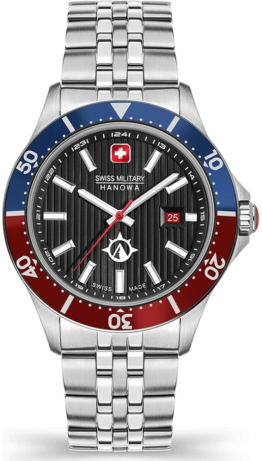 Herrklocka Swiss Military med silverfärgat metallarmband, svart urtavla och blå boettring