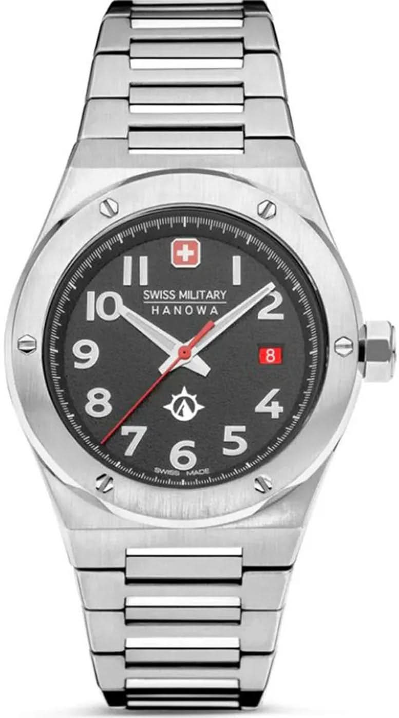 Herrklocka i silver med svart urtavla, röda visare och armband i metall.