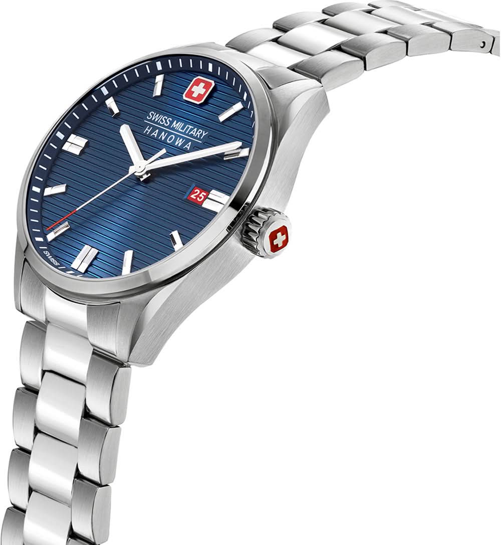 Herrarmbandsur med rund blå urtavla, silverfärgat rostfritt stålhölje och armband
