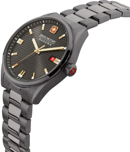Herrklocka med grått metallarmband, rund urtavla med självlysande index och datum