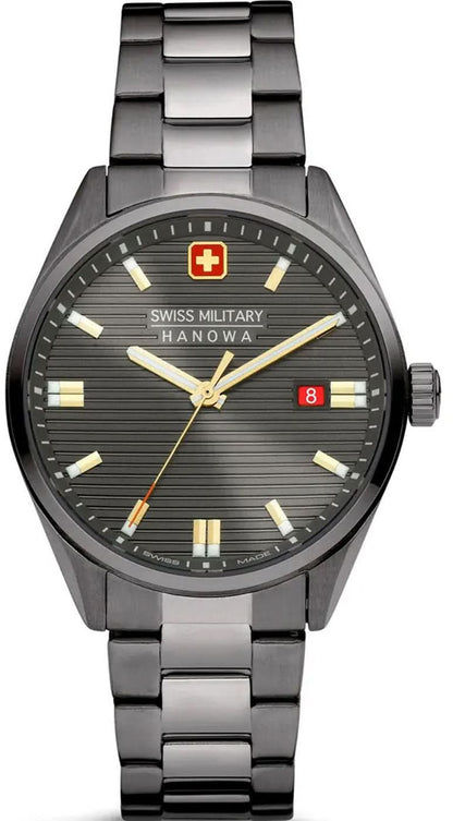 Herrklocka med grått metallarmband, rund urtavla och guldfärgade visare