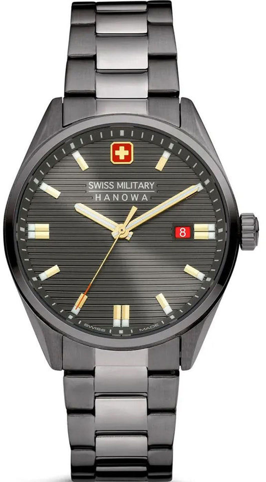 Herrklocka med grått metallarmband, rund urtavla och guldfärgade visare