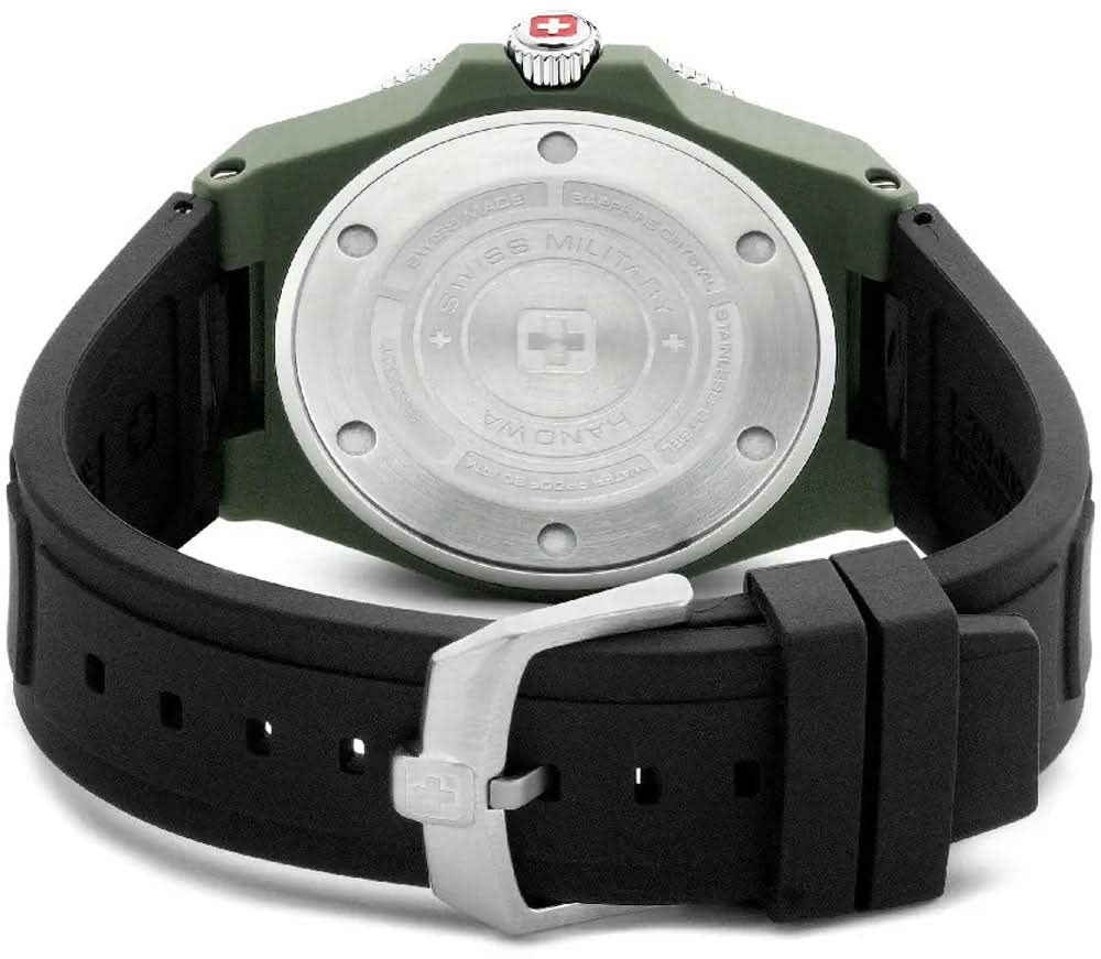 Herrklocka med bakboett i rostfritt stål, grönt boett och svart silikonarmband