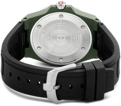Herrklocka med bakboett i rostfritt stål, grönt boett och svart silikonarmband