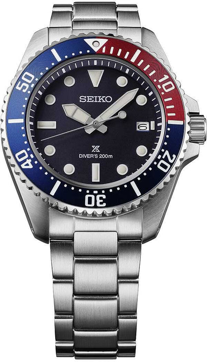 Armbandsur för herrar med blå urtavla, boett i stål, blå/röd dykarring, Diver 200 m