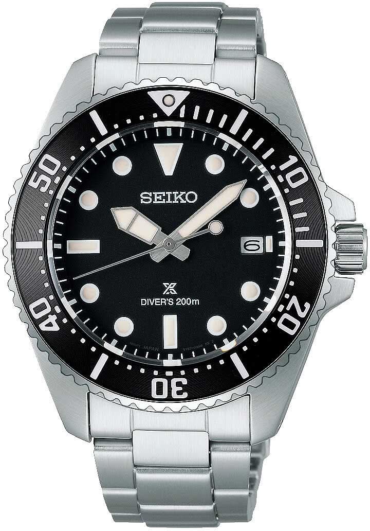 Seiko Prospex herrur med stållänk, svart urtavla och dykring