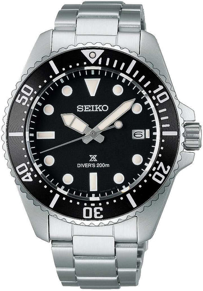 Seiko Prospex herrur med stållänk, svart urtavla och dykring