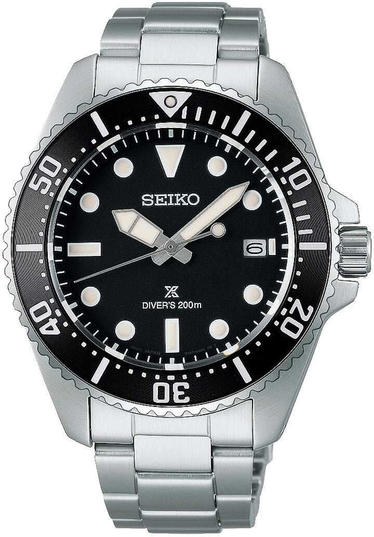 Seiko Prospex herrur med stållänk, svart urtavla och dykring
