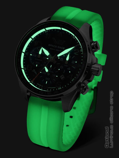 Herrklocka med svart urtavla och grönt silikonarmband, självlysande visare