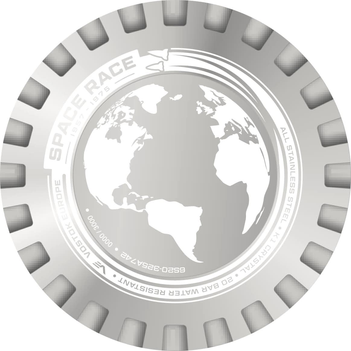 Uhrband-emblem: silver globe i cirkelmönster med texten "SPACE RACE"