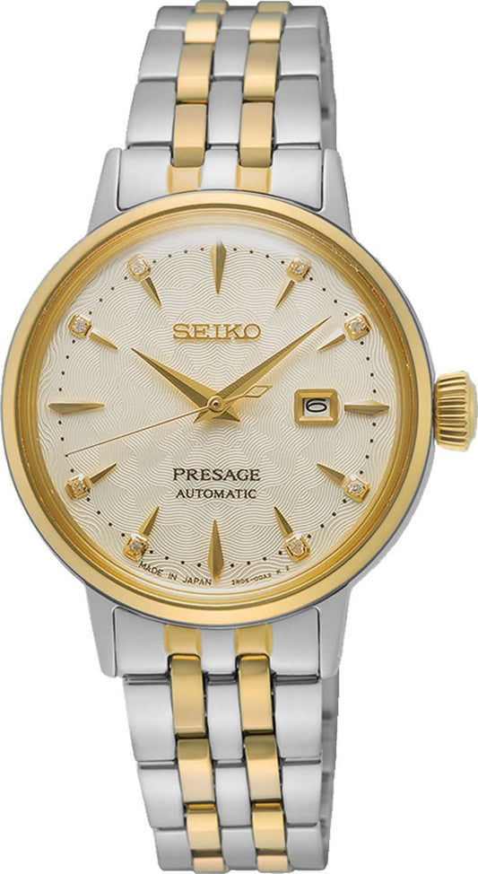 Seiko Presage damklocka: krämfärgad urtavla, gulddetaljer, tvåfärgat metallarmband